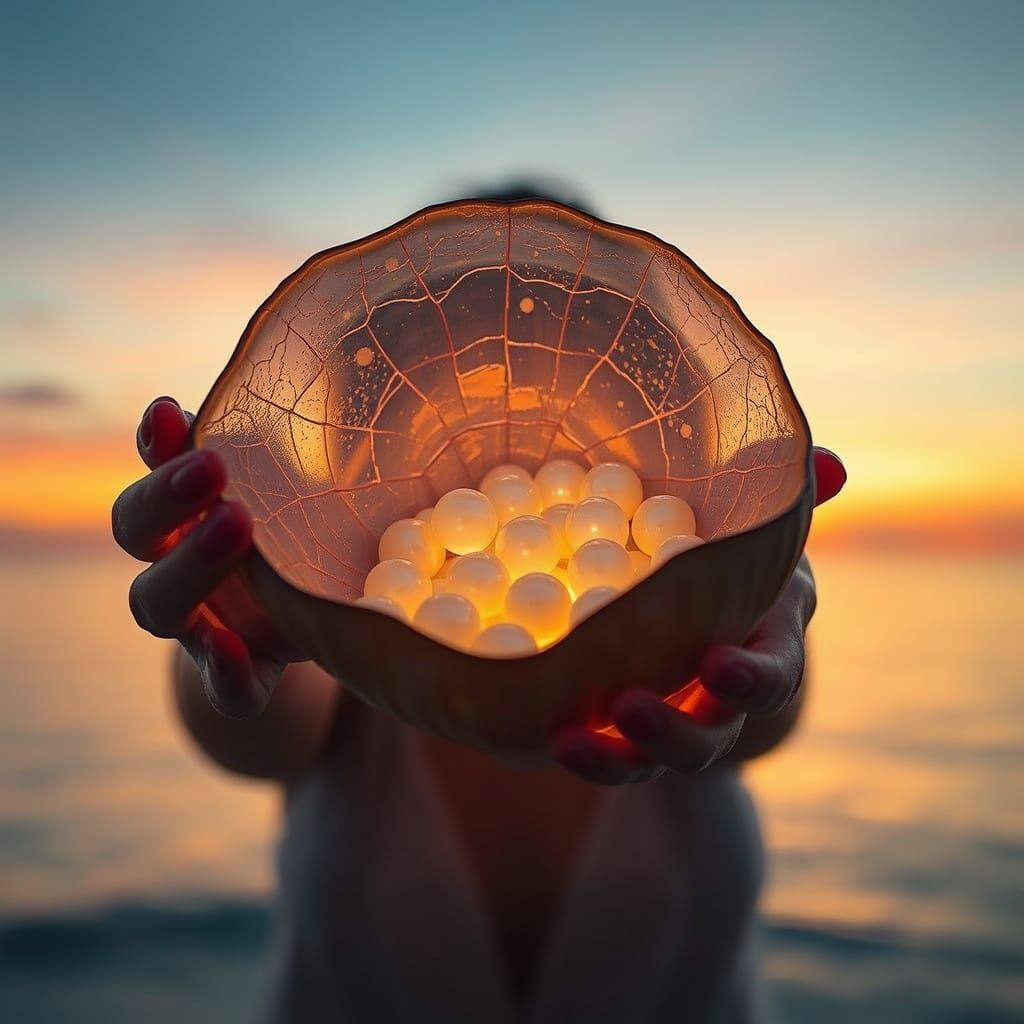Woman with Luminous Pearls in Surreal Digital Art