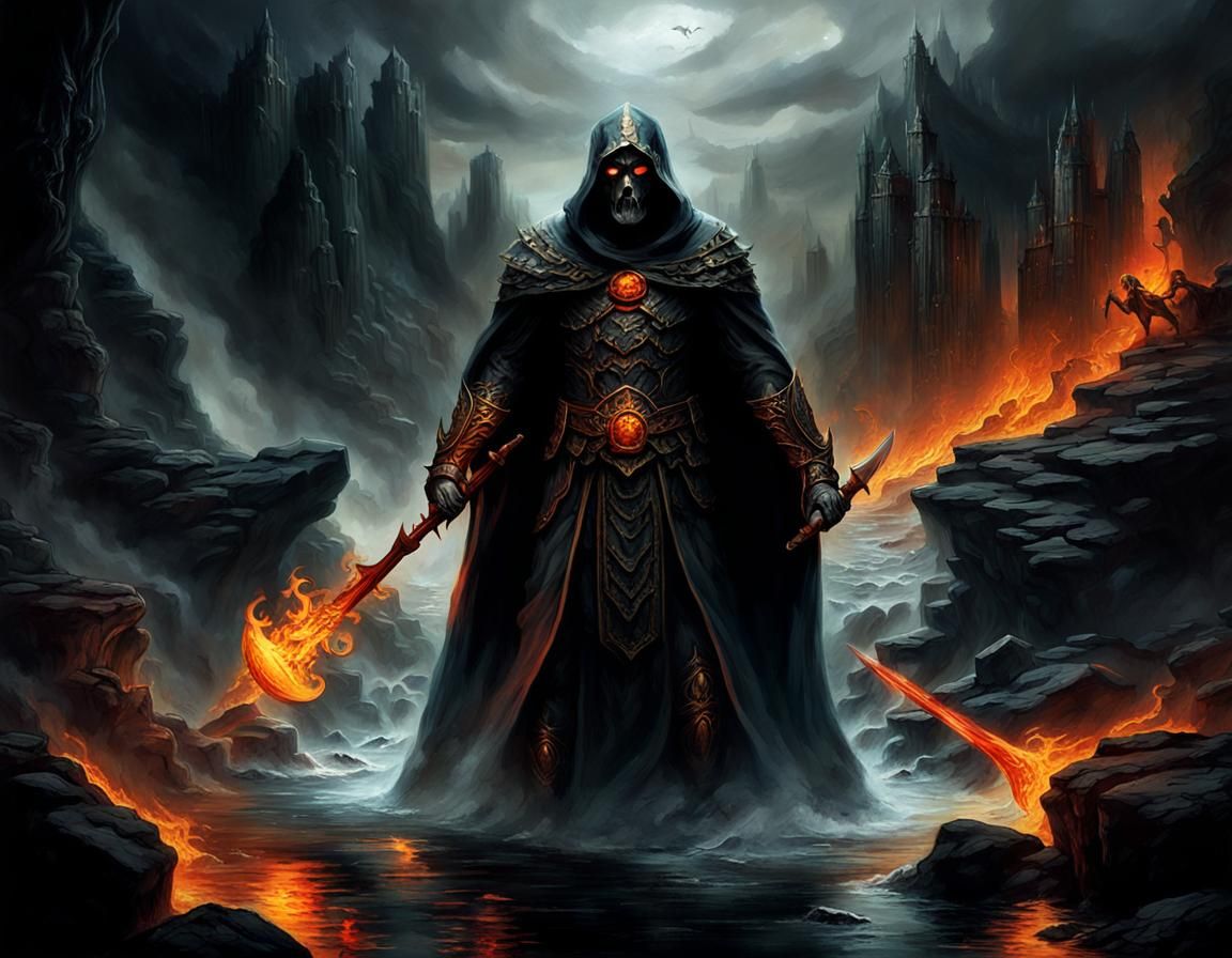 Regal Figure Oversees Fiery Rivers of the Underworld