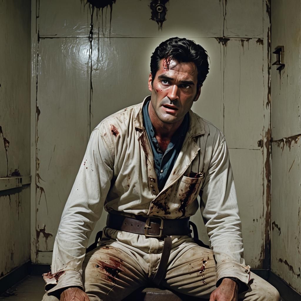 Terrified Ash Williams in Asylum, Horror Art