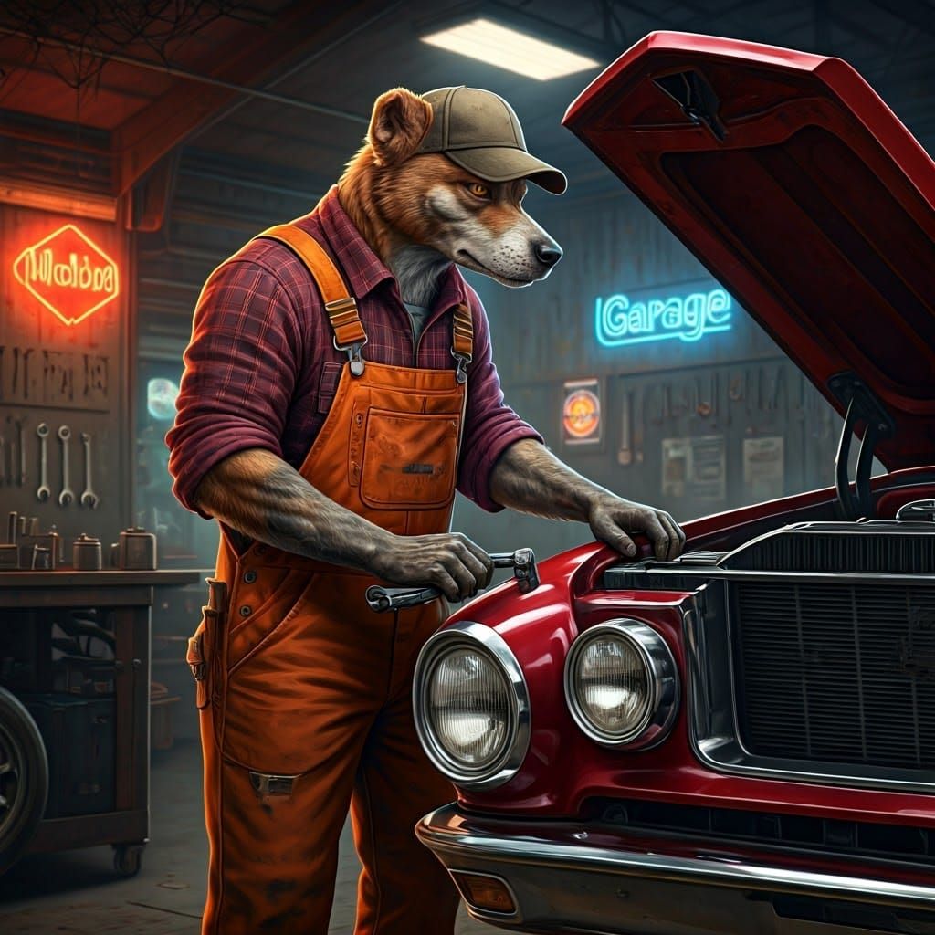 Cyberpunk Dog Mechanic in Gritty Garage