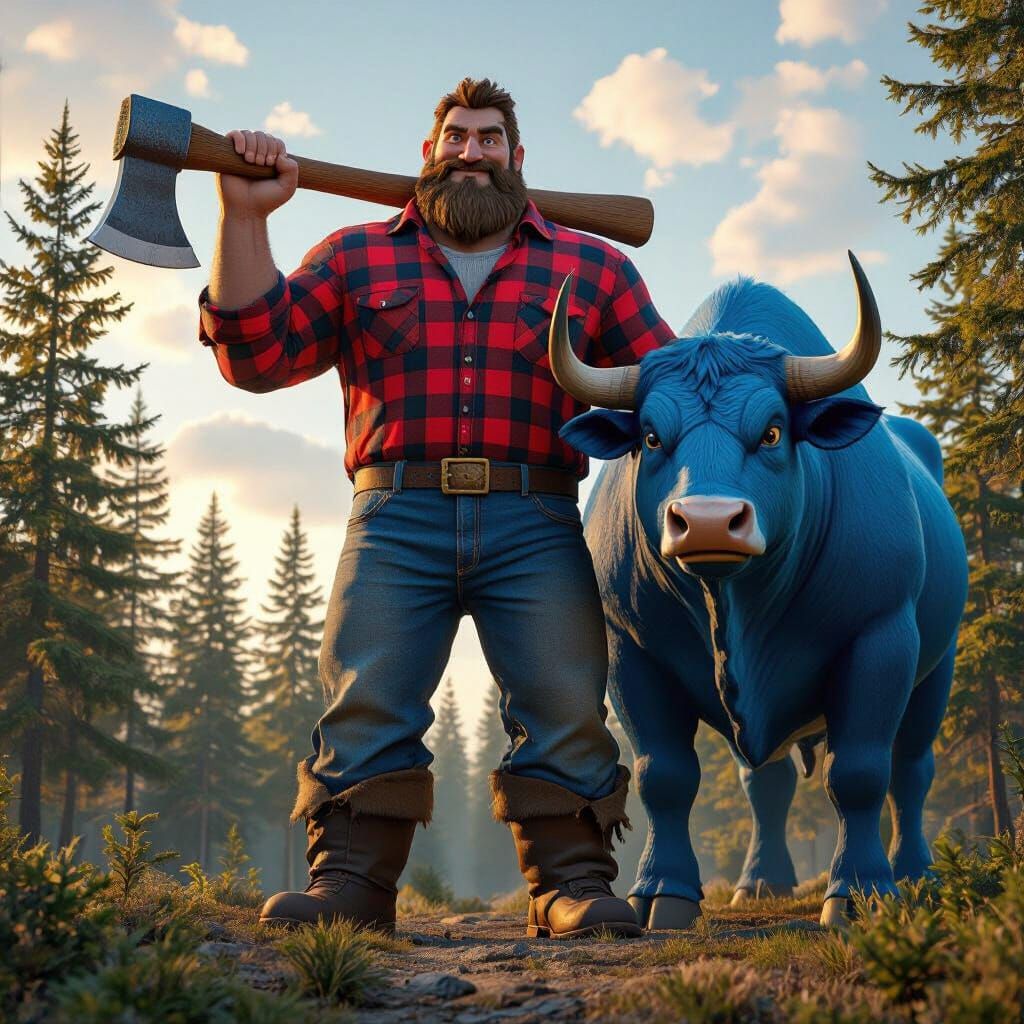 Hyperrealistic Paul Bunyan Exceeds Forest Height