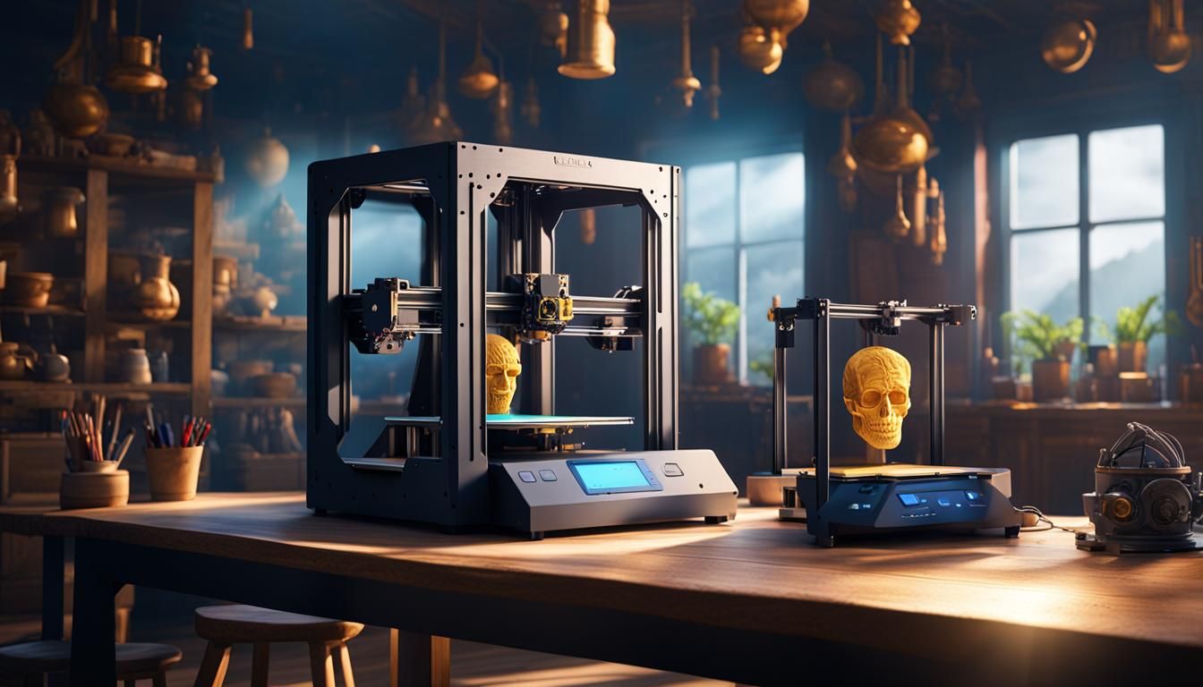 3D Printer on Wooden Table in Detailed Matte Painting