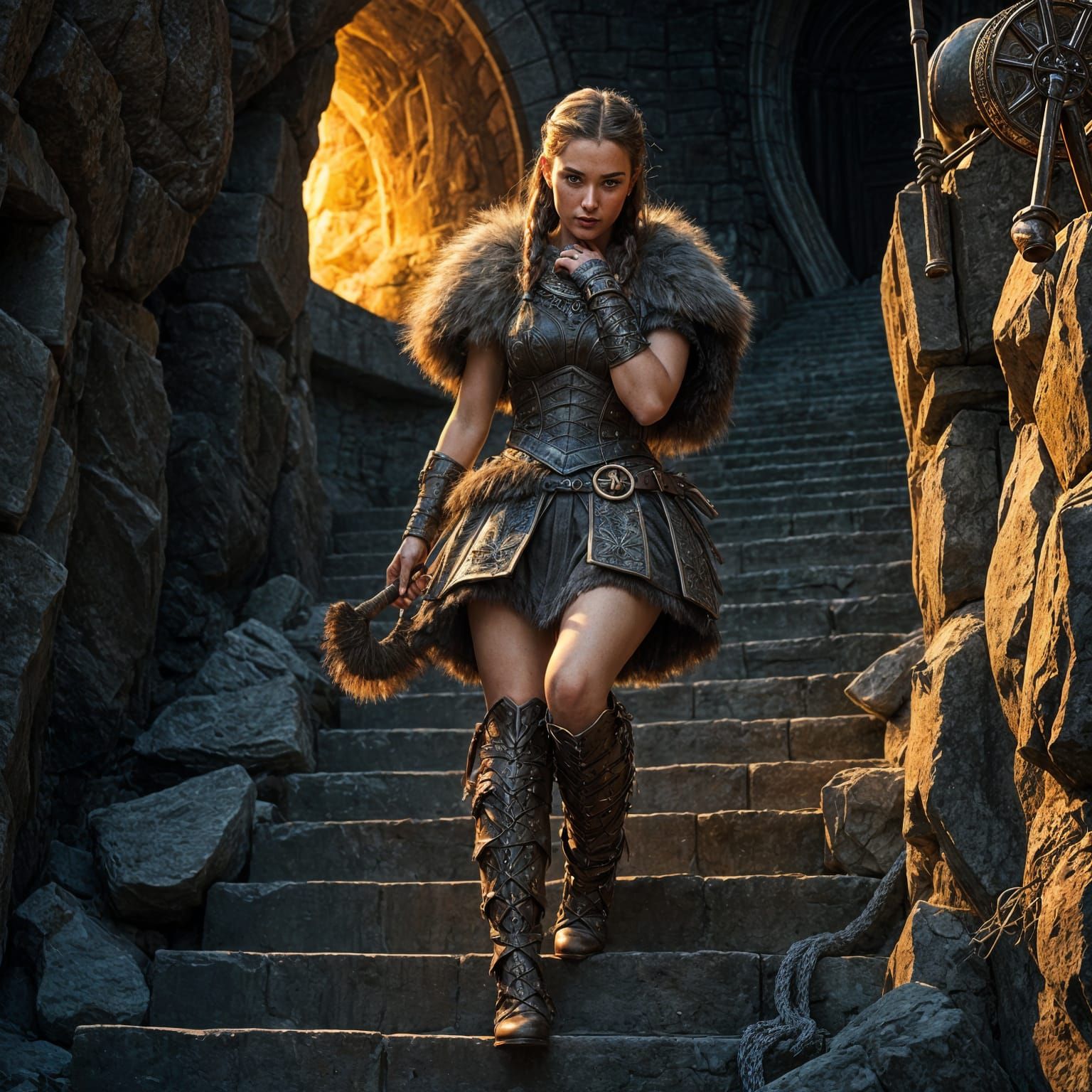 Warrior Queen in Fur Armor Ascending Stone Steps