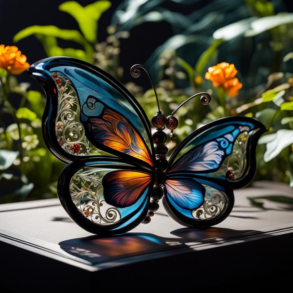 Robotic Glass Butterfly with Dark Garden Inside