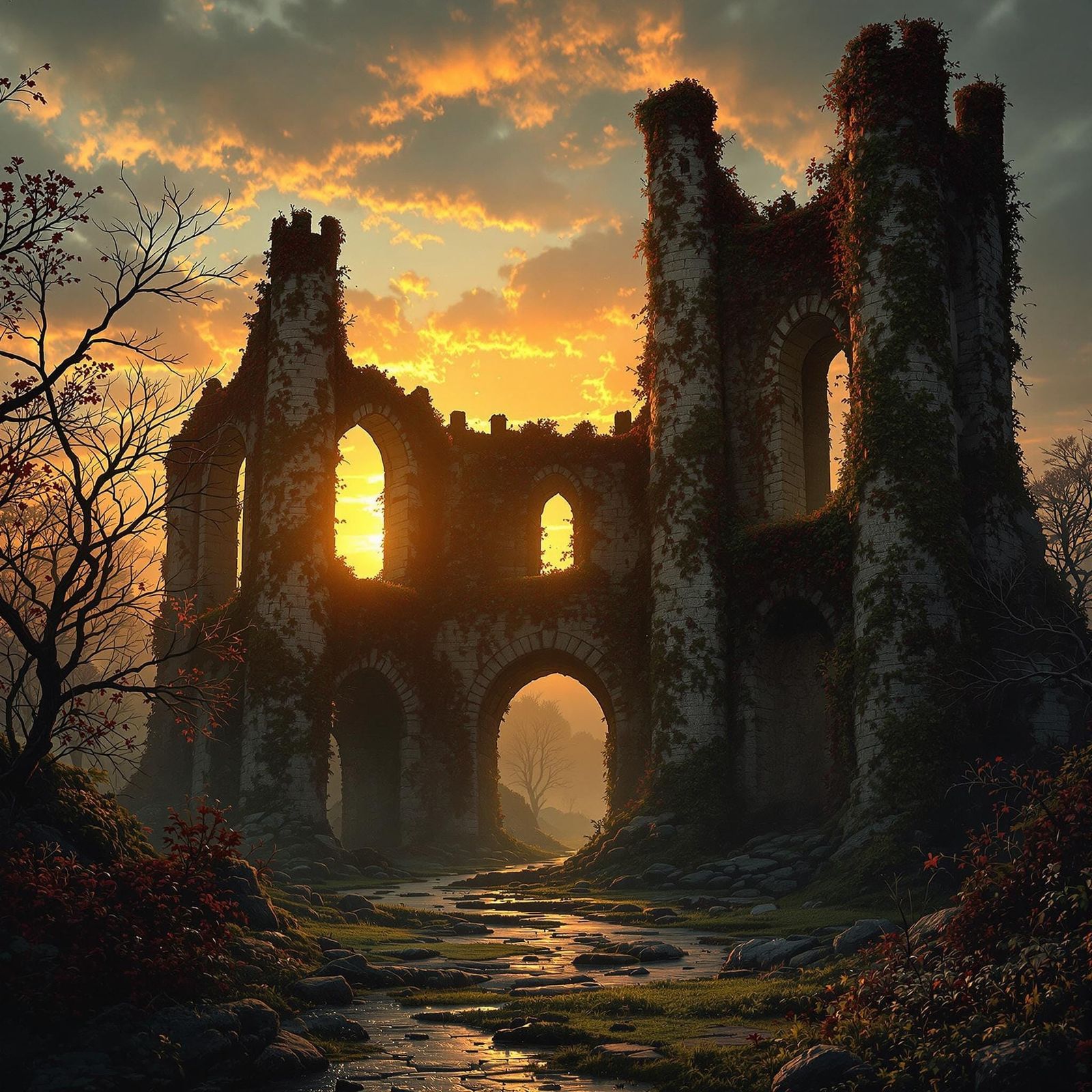 Overgrown Castle Ruins at Sunset with Fantasy Lights