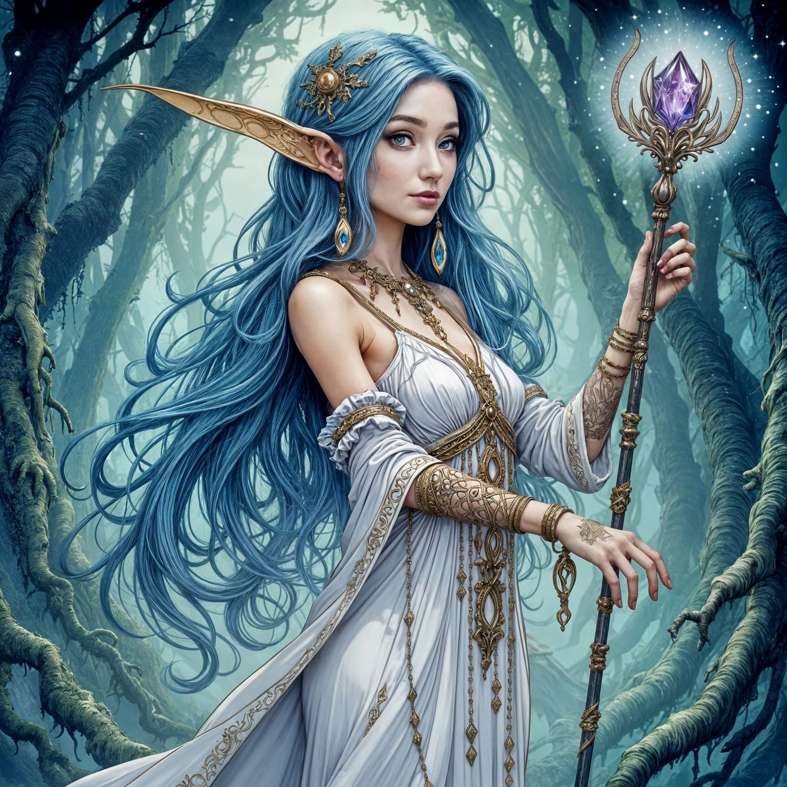 Ethereal Elven Sorceress Wields Enchanted Wand