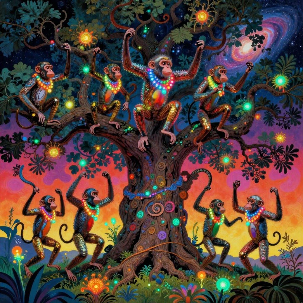 Metallic Monkey Rave on Ancient Oak Tree