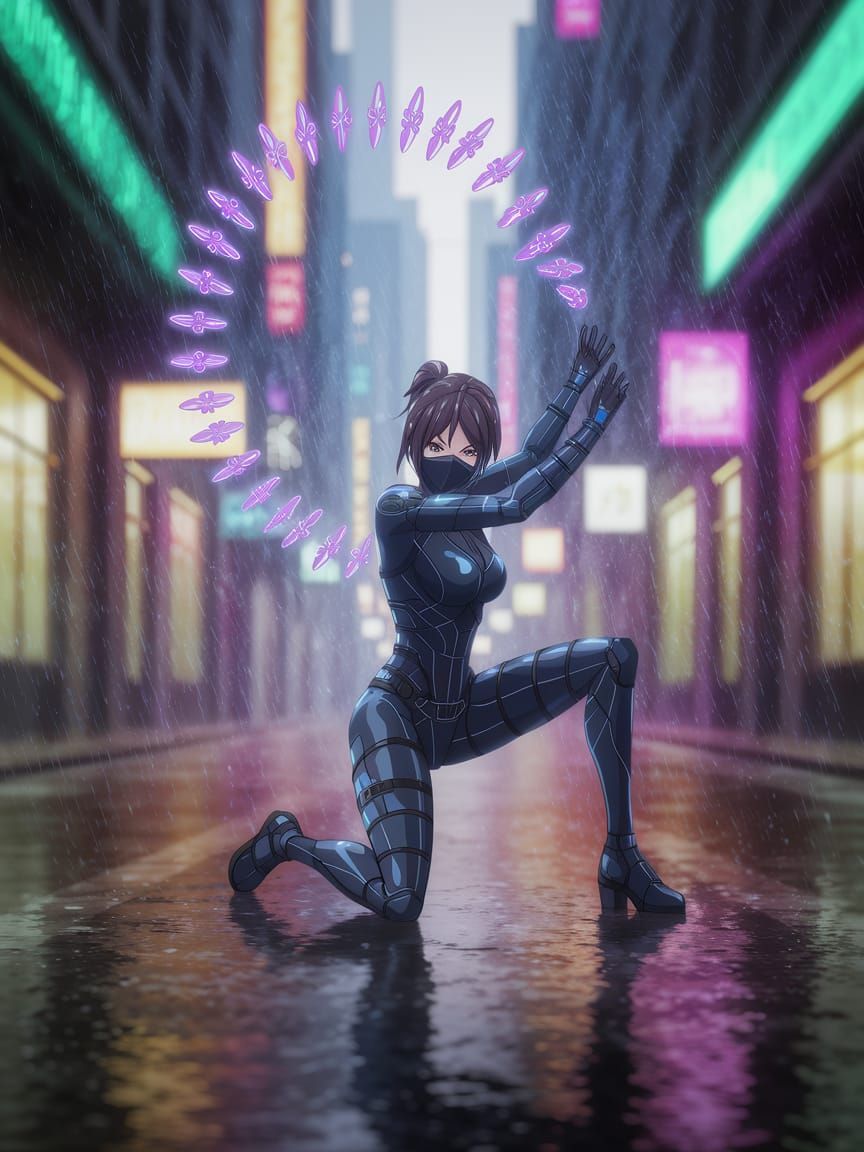 Cyber-Ninja Unleashes Luminous Shuriken in Neon City
