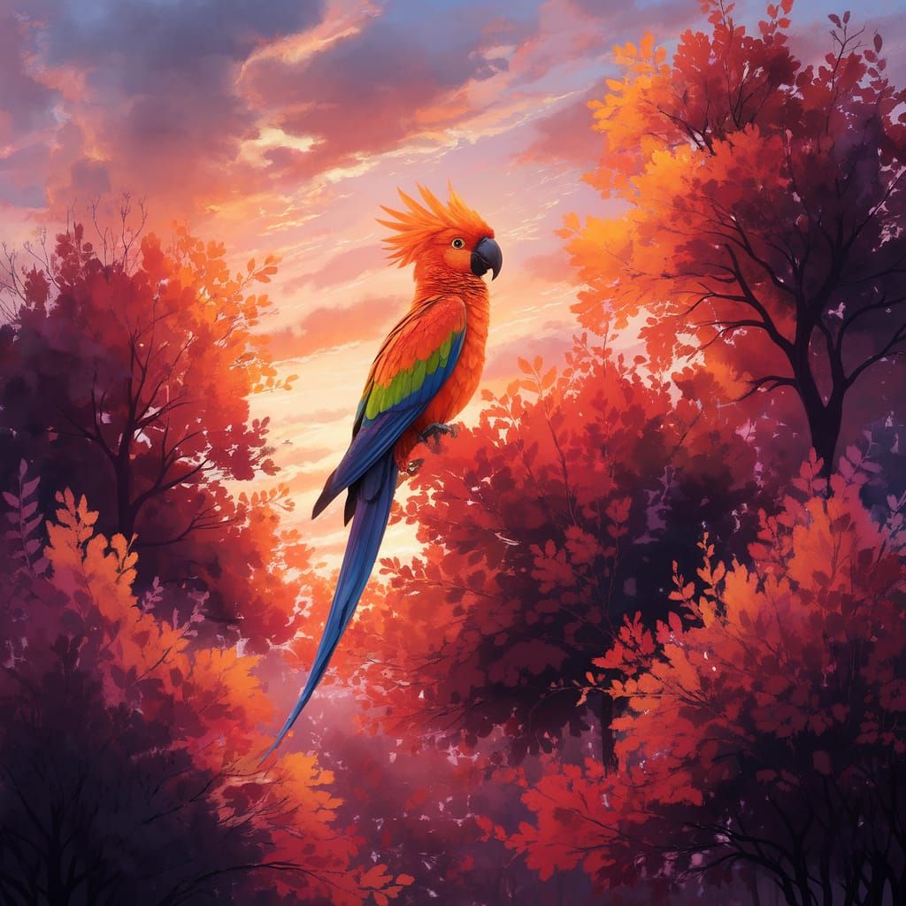 Saffron Parrot Soars Amidst Vibrant Sunset Canopy
