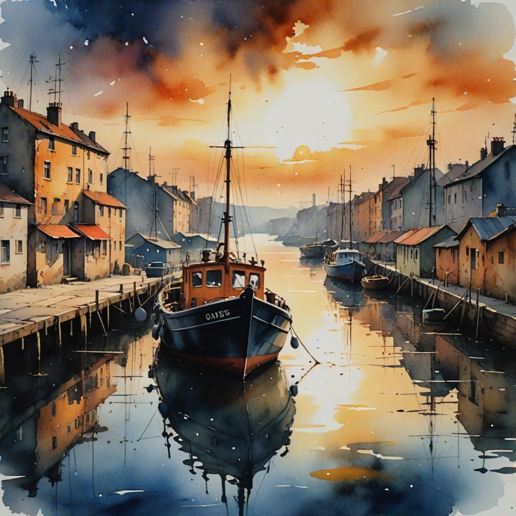 Sunset Harbour Watercolor Painting in Harmonious Style