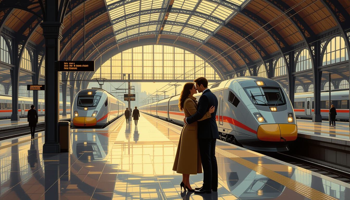 Embracing Couple on Train Platform in Baroque Style