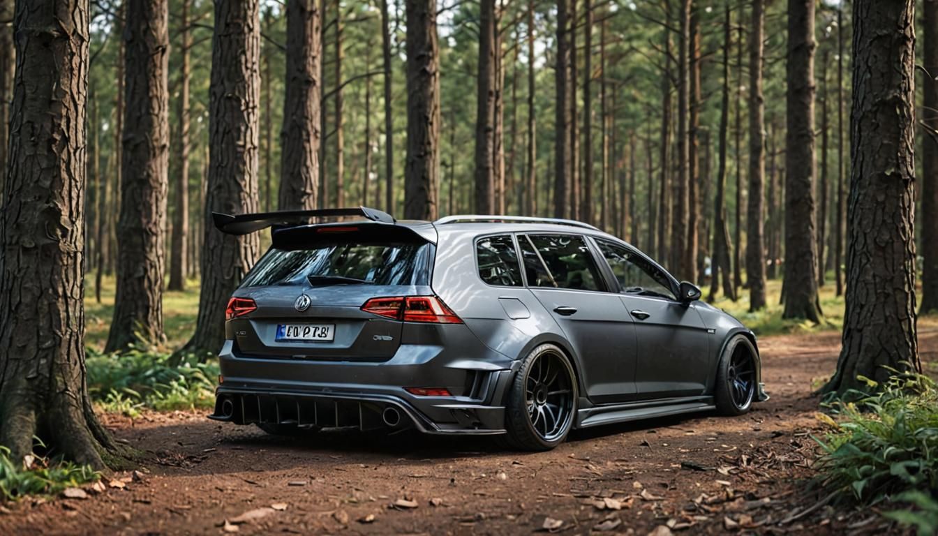 Modified VW Golf 7R Widebody in Hyperrealistic Forest