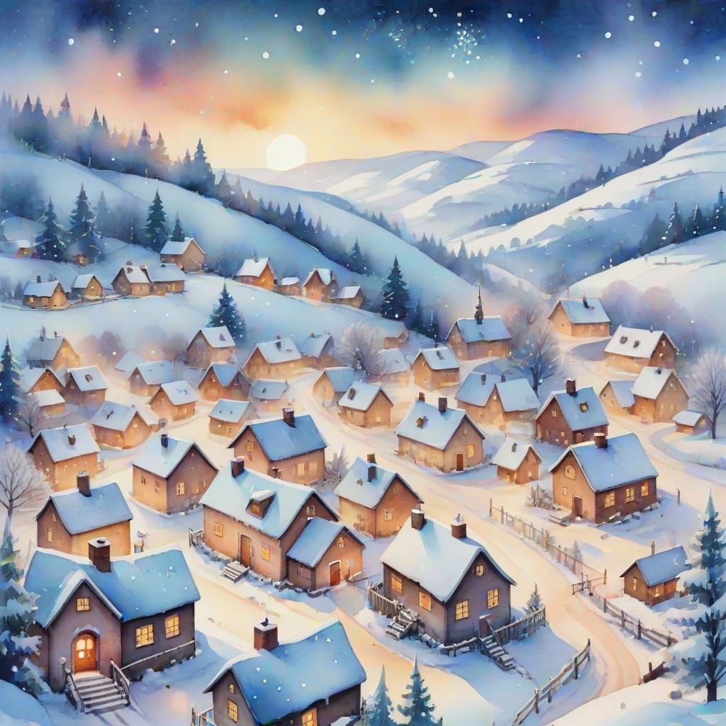 Whimsical Watercolor Winter Village Aerial View