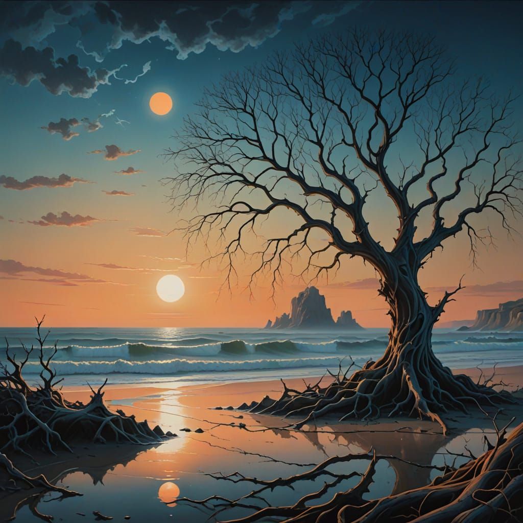 Surreal Shoreline in a Dreamlike Twilight