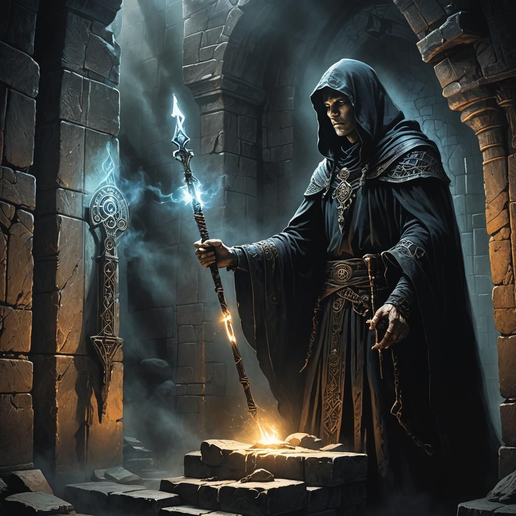 Mysterious Figure Holding a Mystical Rod in Dark Chamber