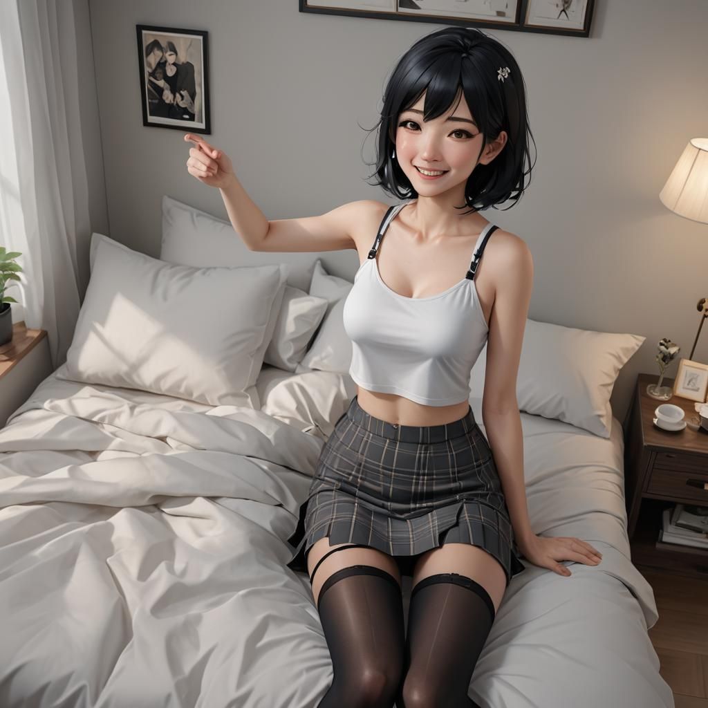 Anime Style Woman in Bedroom, 3D Rendered Art