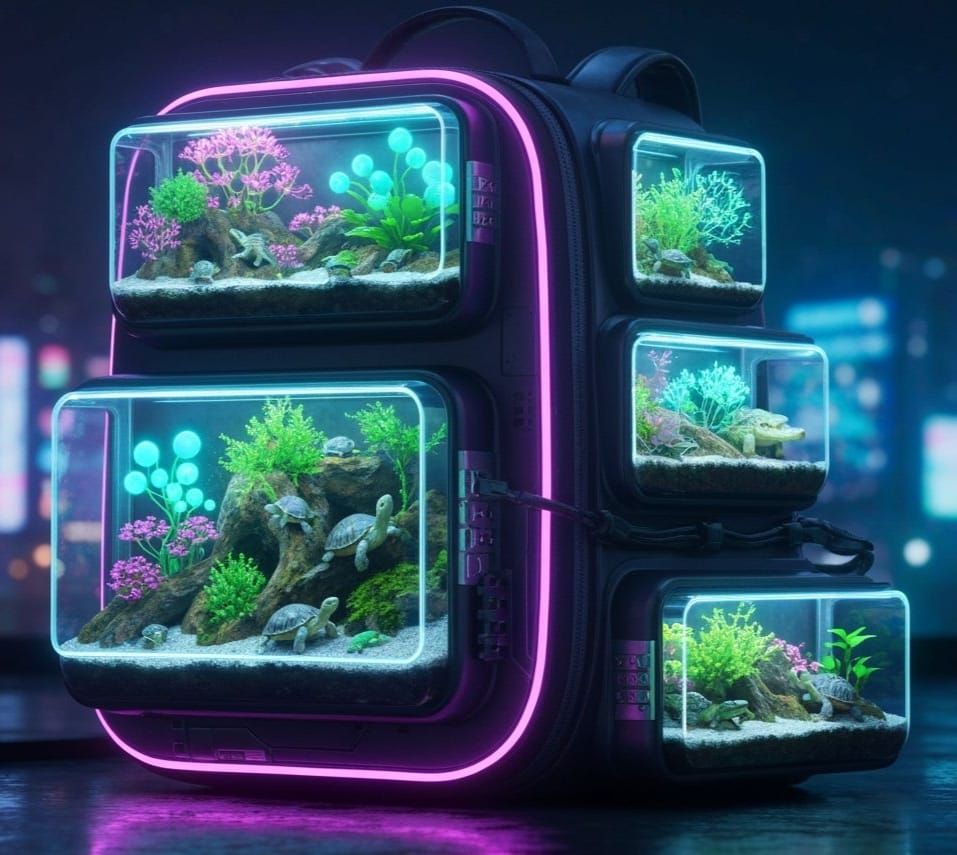Neon Cyberpunk Backpack Terrariums: Fantasy Digital Art