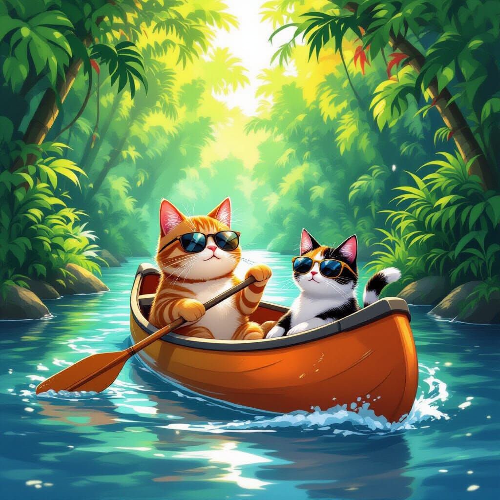 Orange Tabby Cat Rows Canoe in Vibrant Jungle