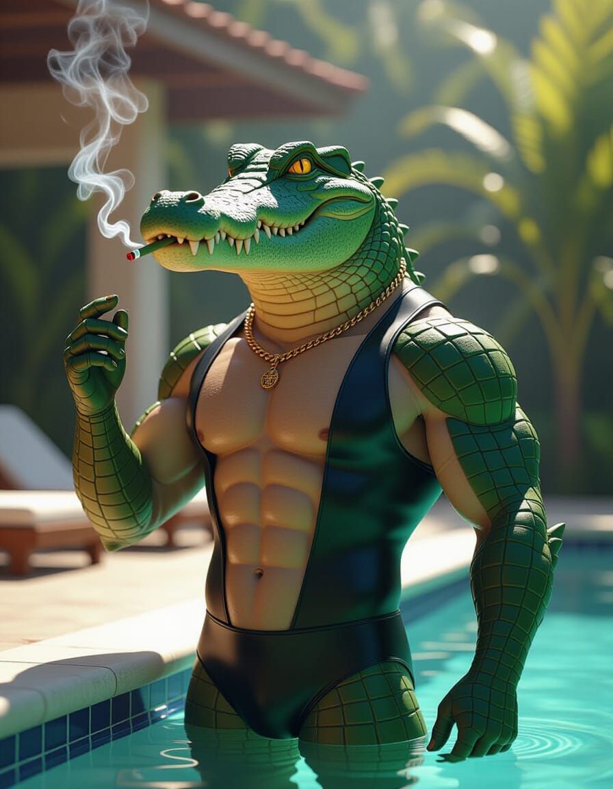 Anthropomorphic Croc Athlete Smoking, Hyper-Realistic 3D Art