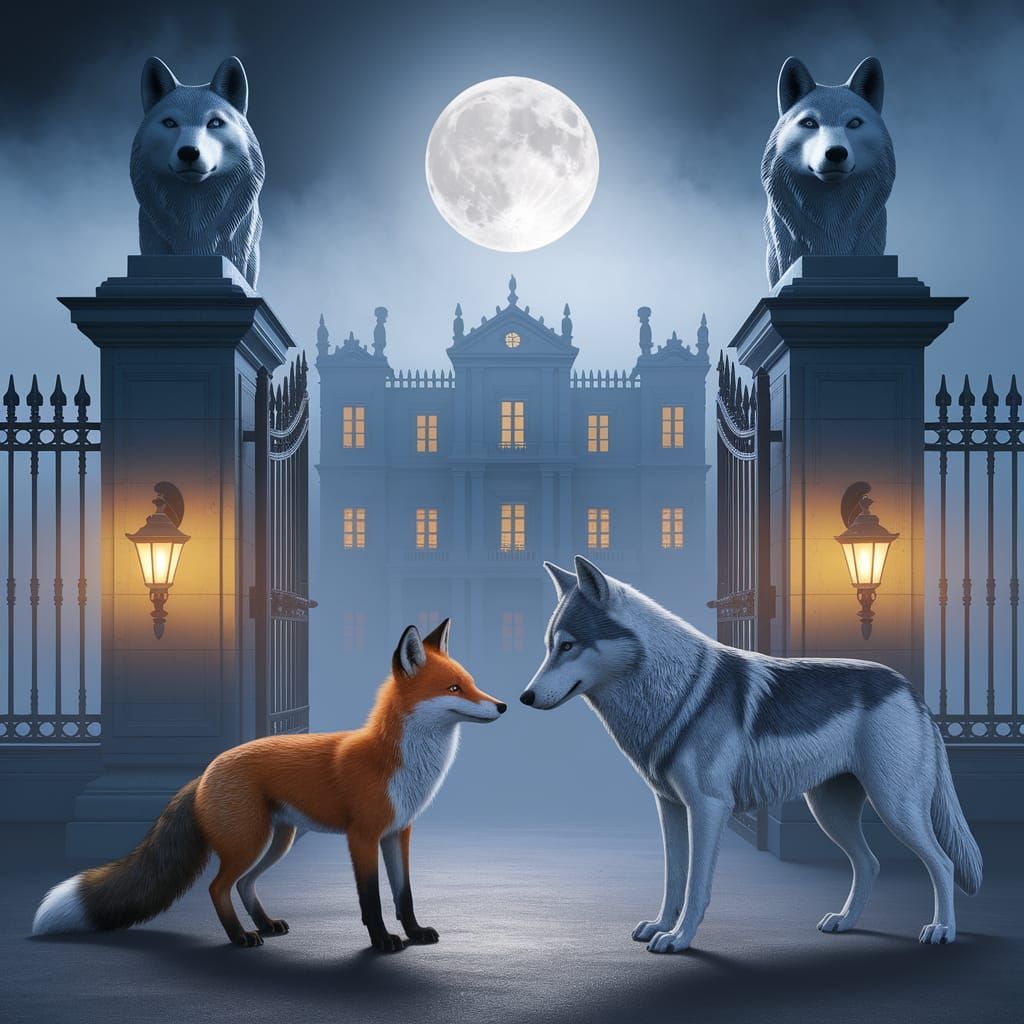 Majestic Fox and Wolf Encounter under the Full Moon
