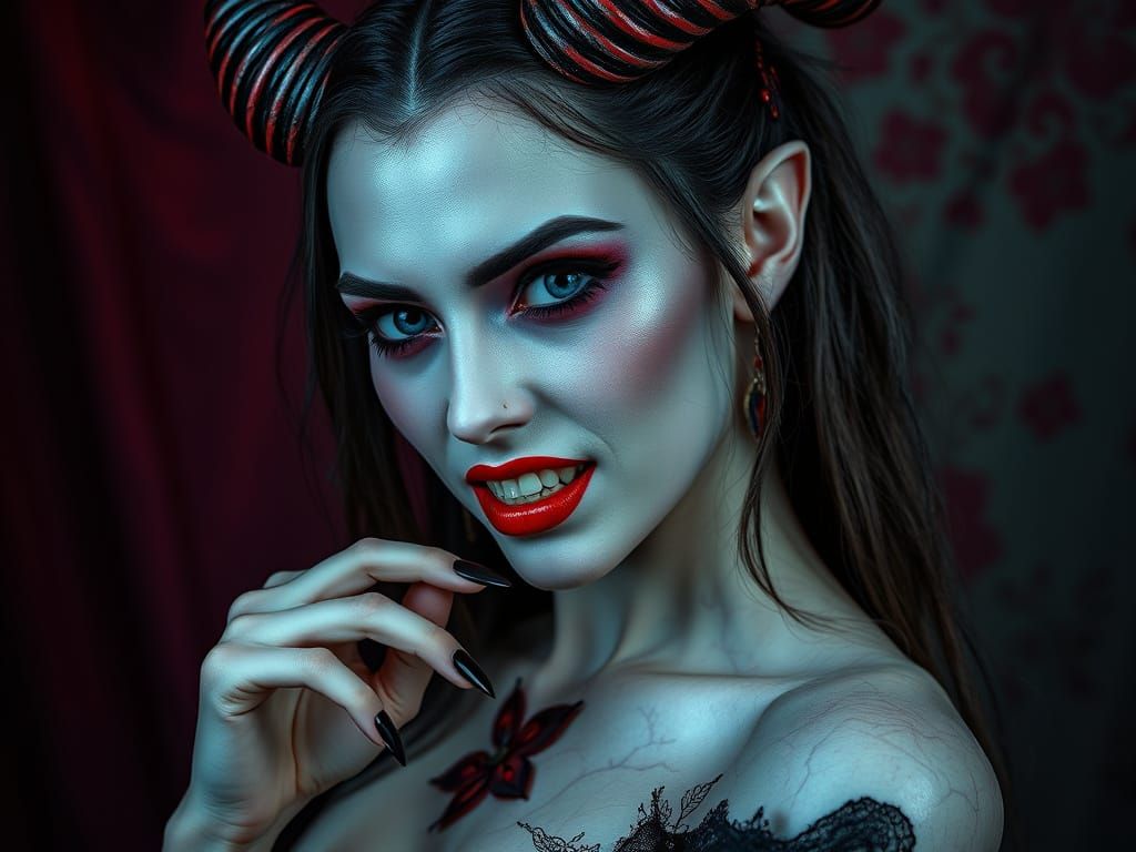 Seductive Horned Vampiress Portrait in Hyperrealistic Style