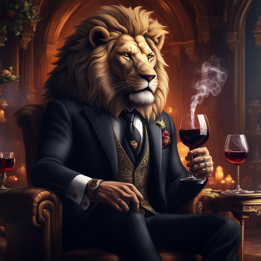 Lion Groom Enjoying Wine and Vape, Detailed Digital Art