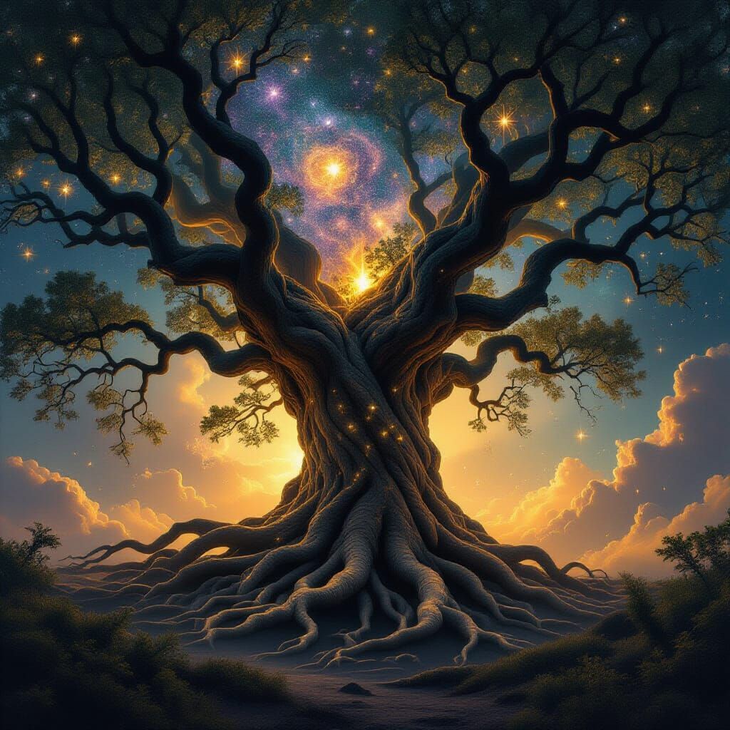 Cosmic Tree of Life with Starry Roots