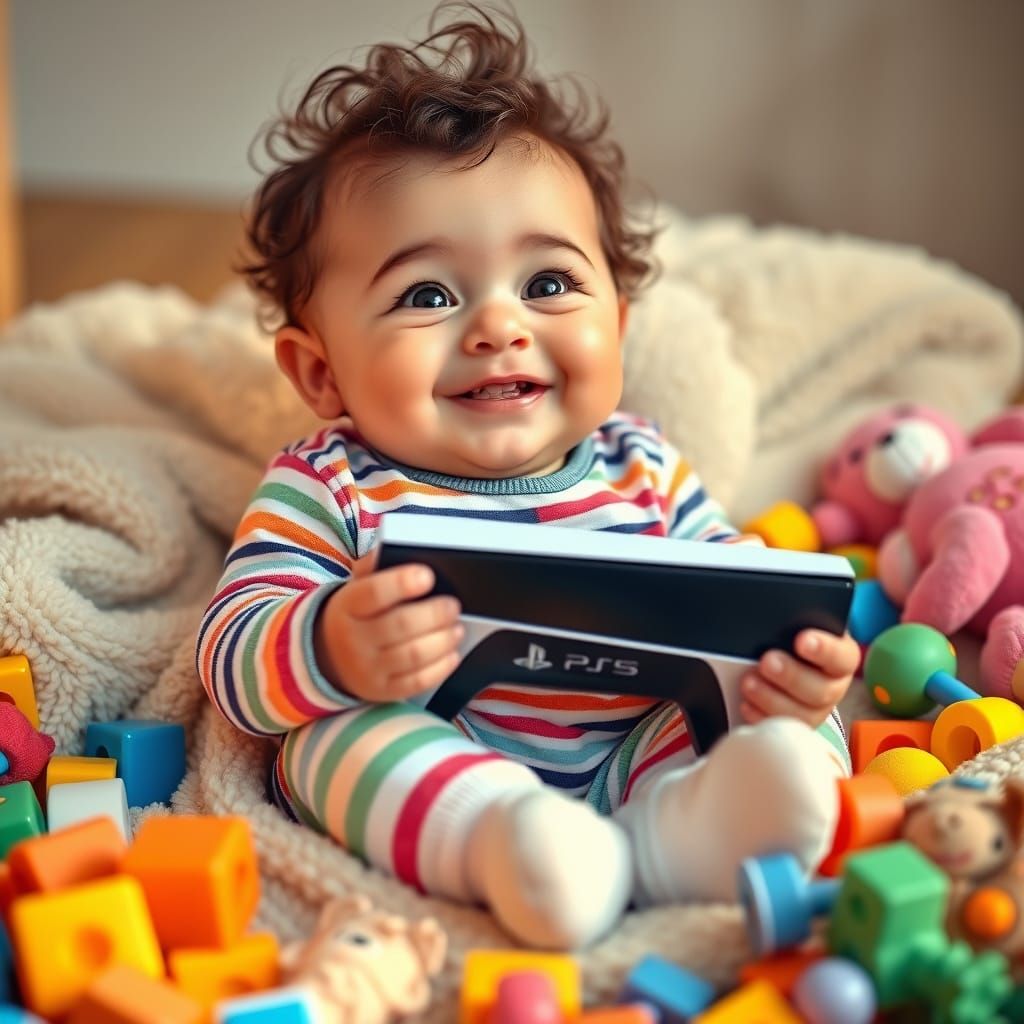 Chubby Baby Plays with PlayStation 5 in Whimsical Scene
