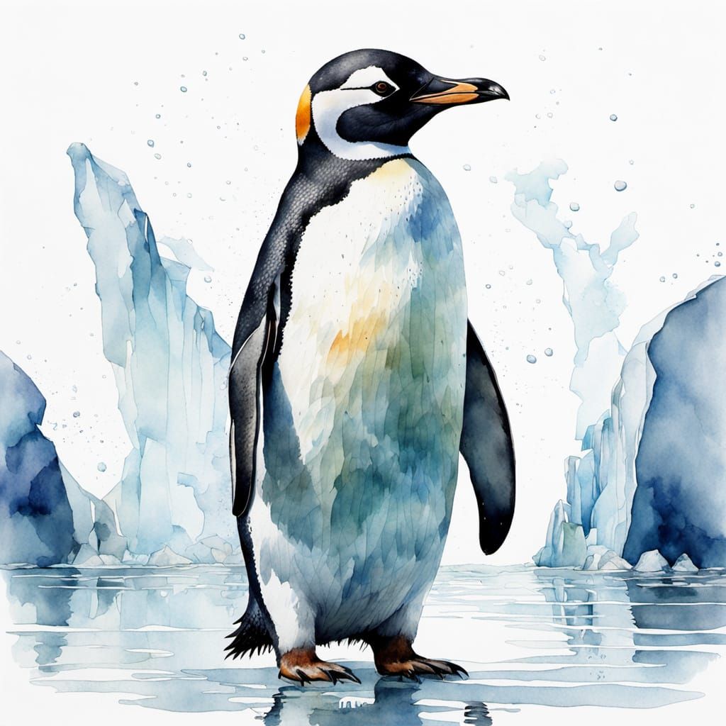 Watercolor Penguin Portrait on Iceberg