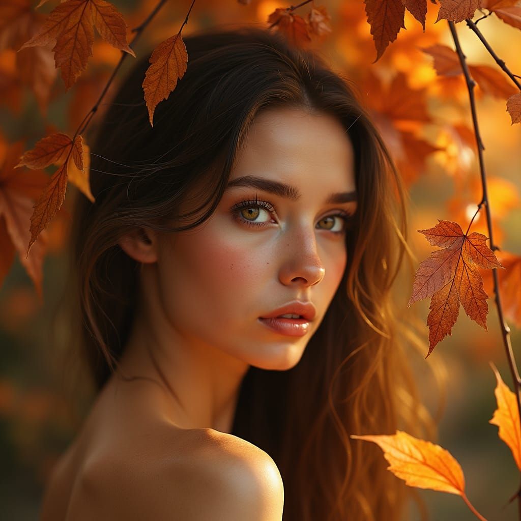 Autumn Woman with Honey Eyes in Forest
