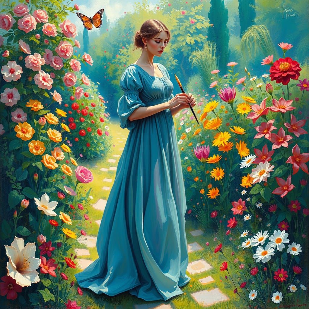 Woman Painting in Vibrant Impressionist Garden