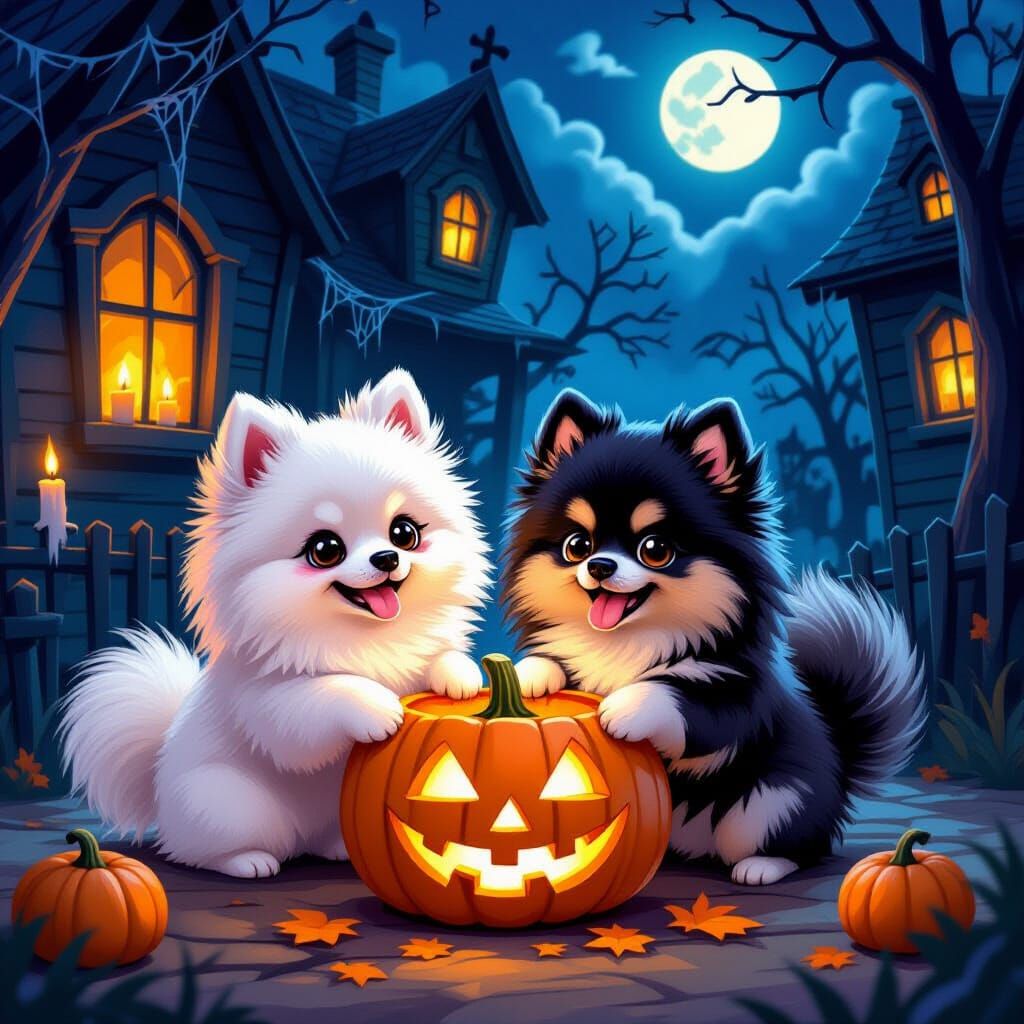 Pink & Black Pomeranians Carve Jack-o'-Lantern at Haunted Ho...