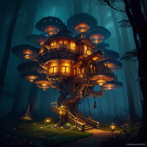 Whimsical Treehouse in Mystical Fairyland Concept Art