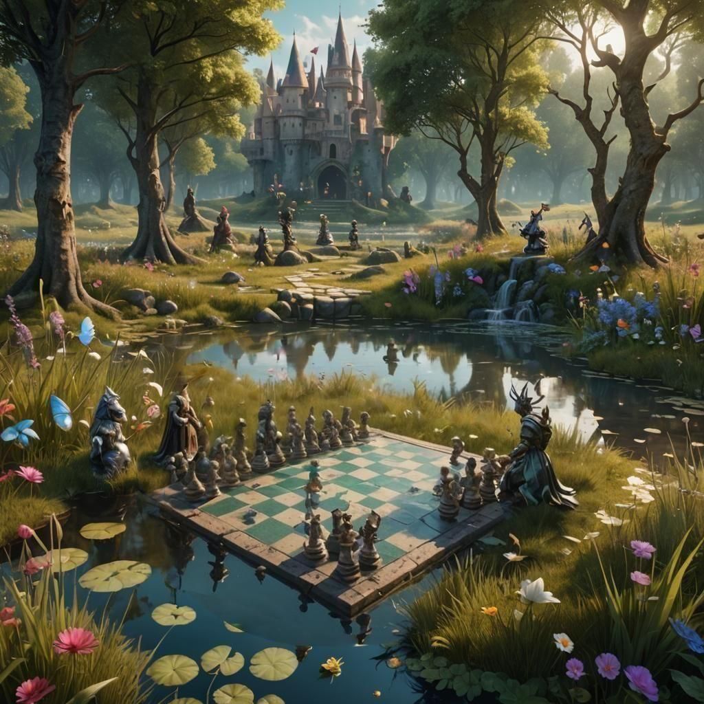 Fairies Play Chess in Meadow: Fantasy Concept Art