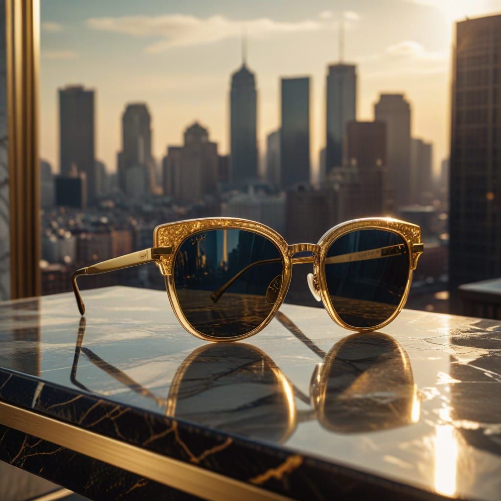 Luxury Sunglasses Reflect City in Golden Fashion Photography