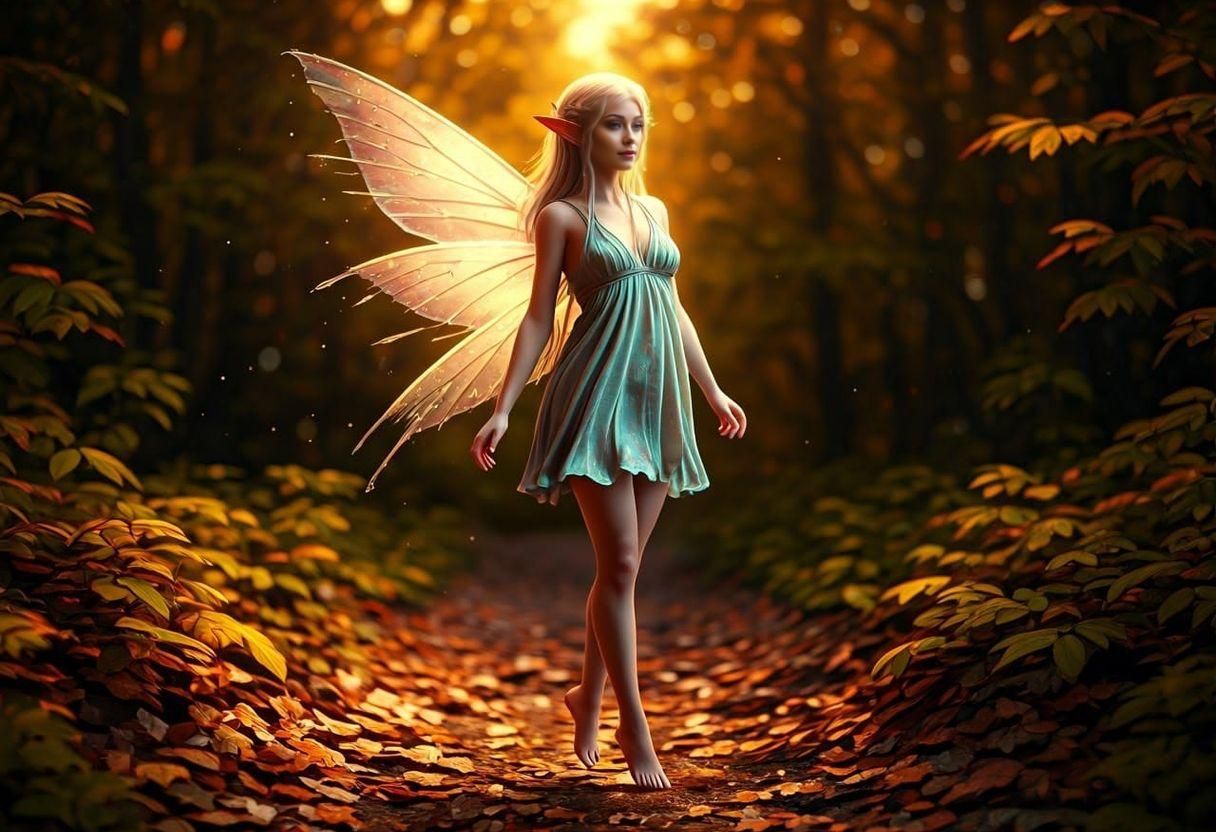Dreamy Elf Fairy in Autumn Forest, Fantasy Concept Art