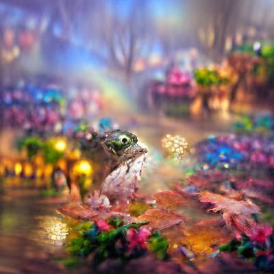 Frog in Glittering Garden with Bokeh Effect