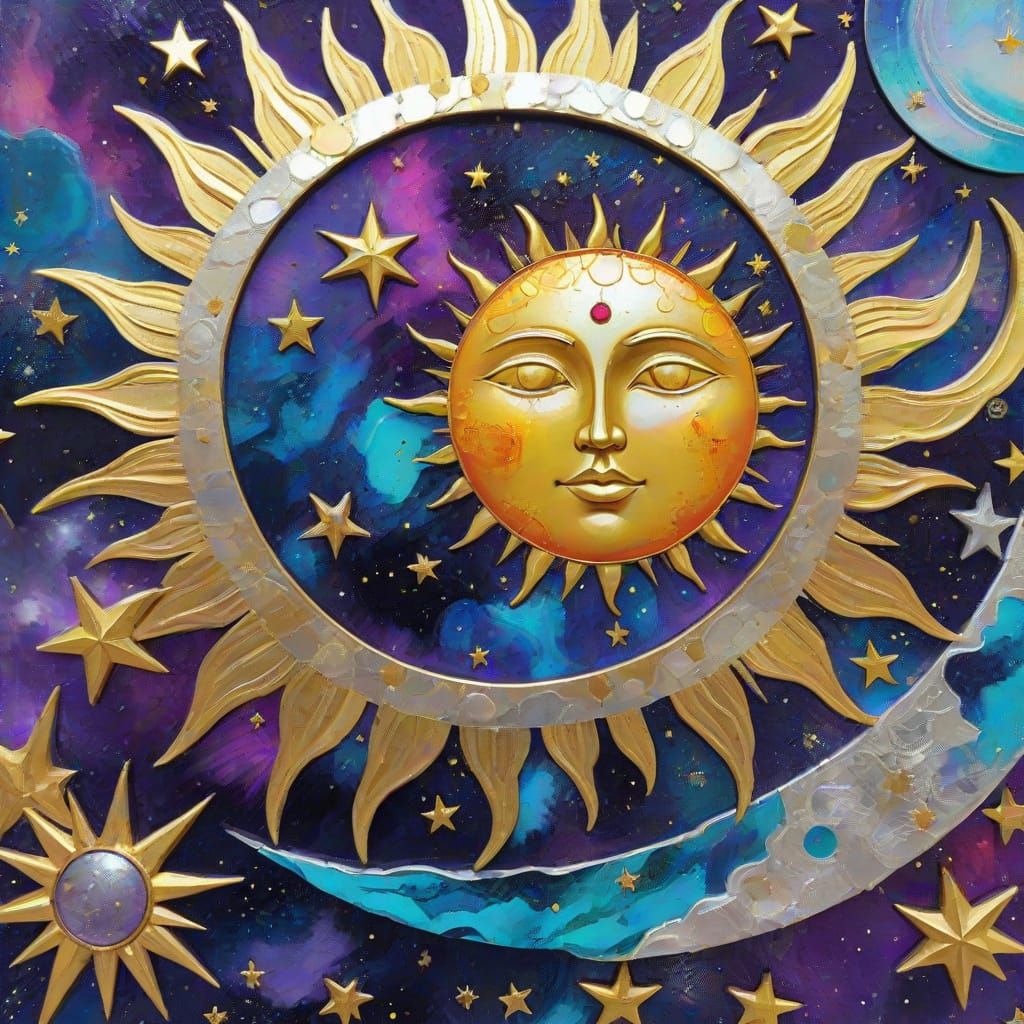 Celestial Sun, Moon, and Stars Collage in Fauvist Style