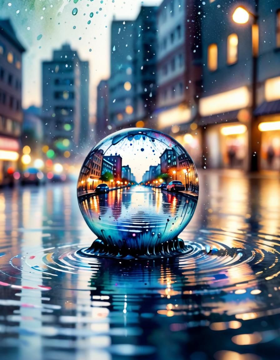 Cityscape Inside a Water Drop Illustration