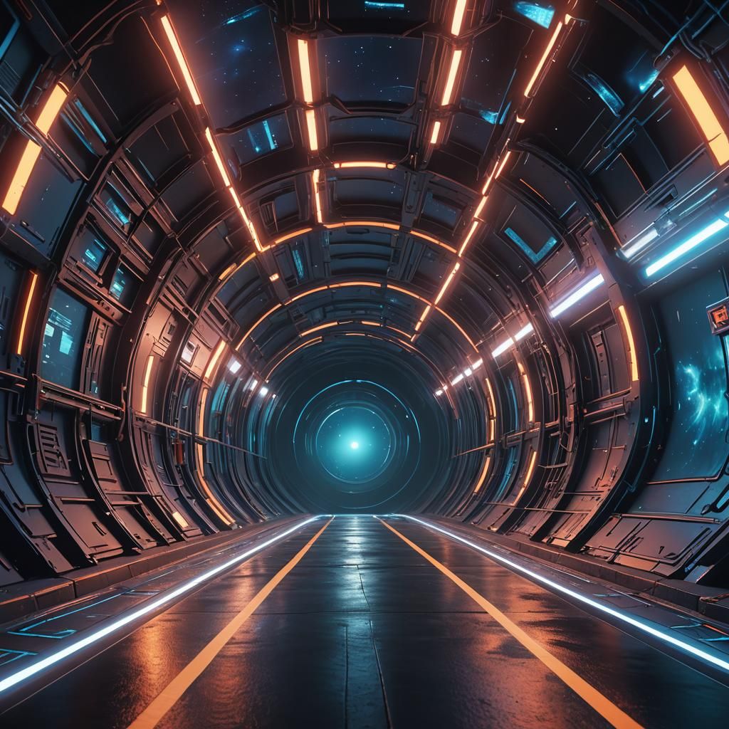 A tunnel which have windows and universe is visible through ...