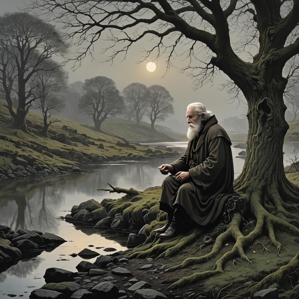 Mystical Old Man by a River: A Surreal Scene