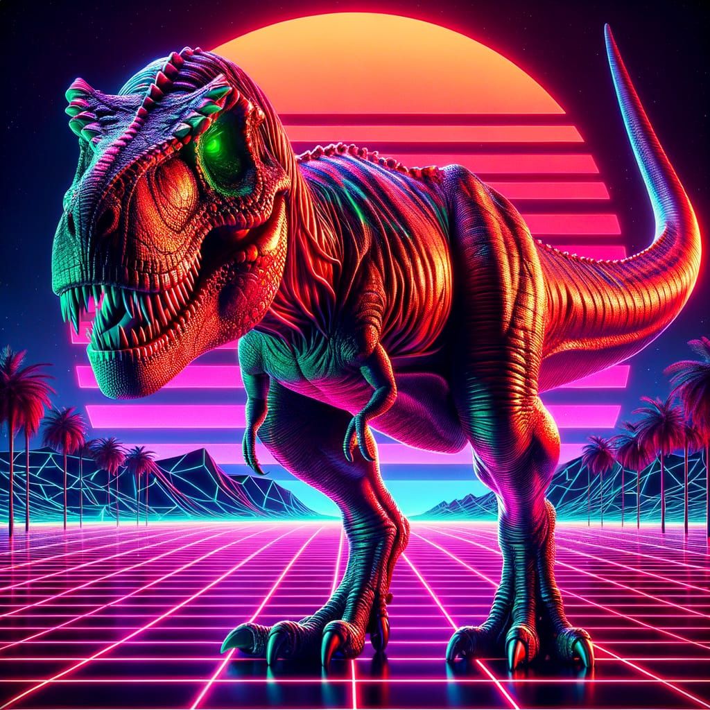 Rugged Tyrannosaurus Rex in Neon-Lit Synthwave Landscape