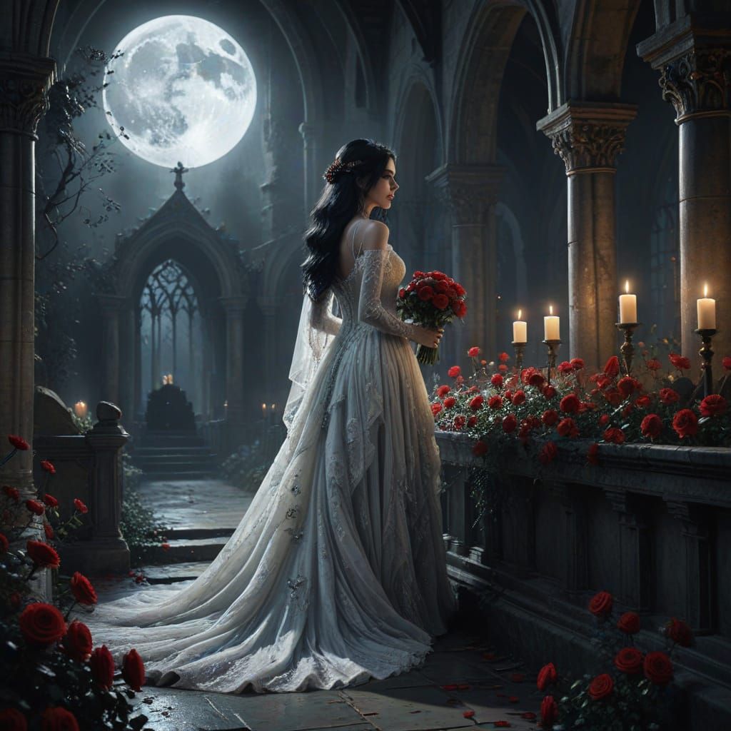 Regal Vampire Bride in Moonlit Church Ruins