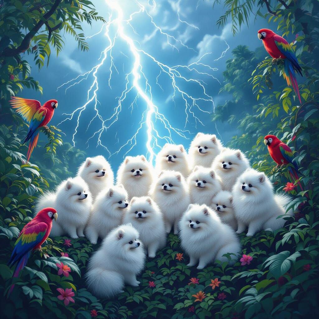 Pomeranians on Lightning Amidst Jungle Storm