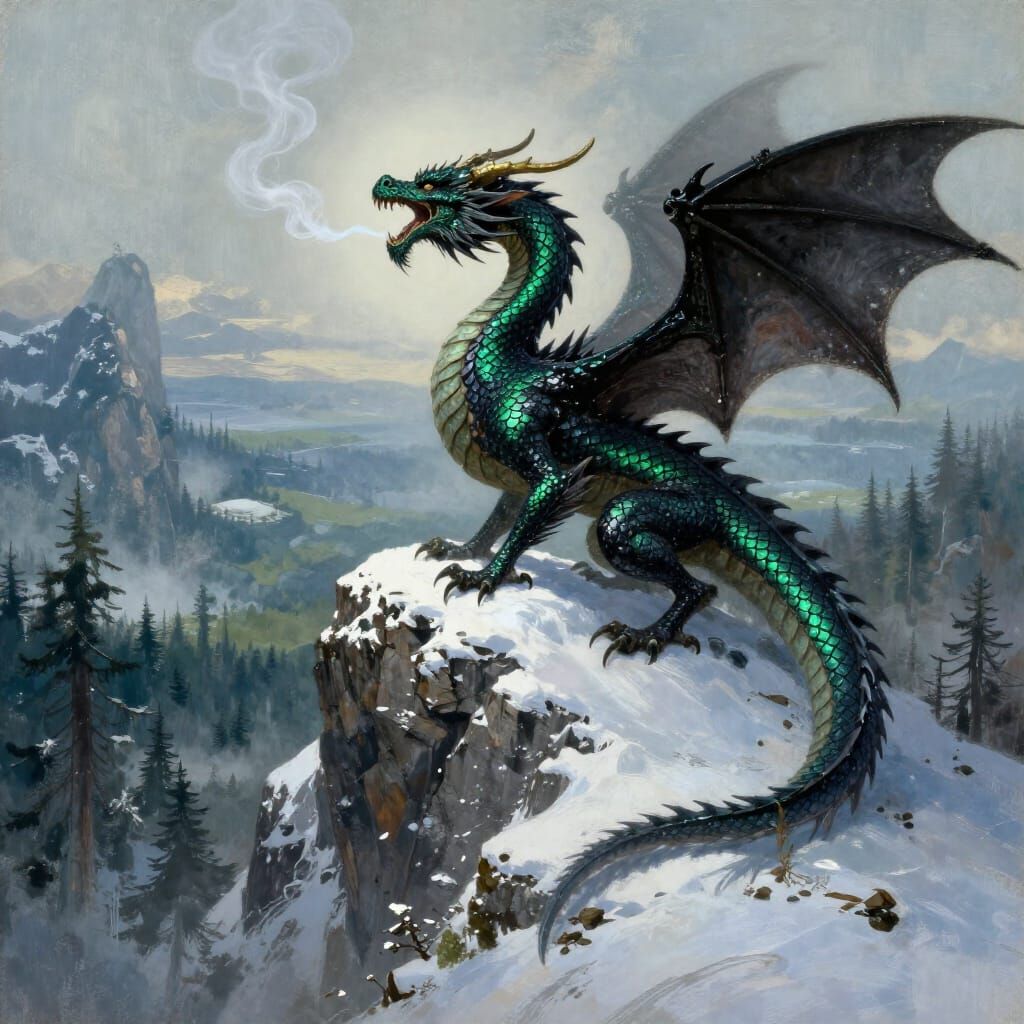 Ancient Dragon on Mountain Peak in Epic Fantasy Style