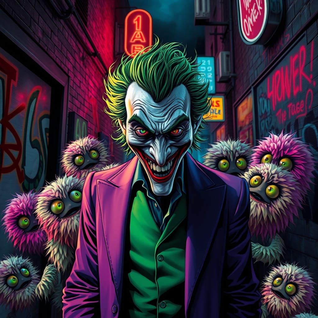 The Joker Surrounded by Fluffy Creatures in Gothic Style