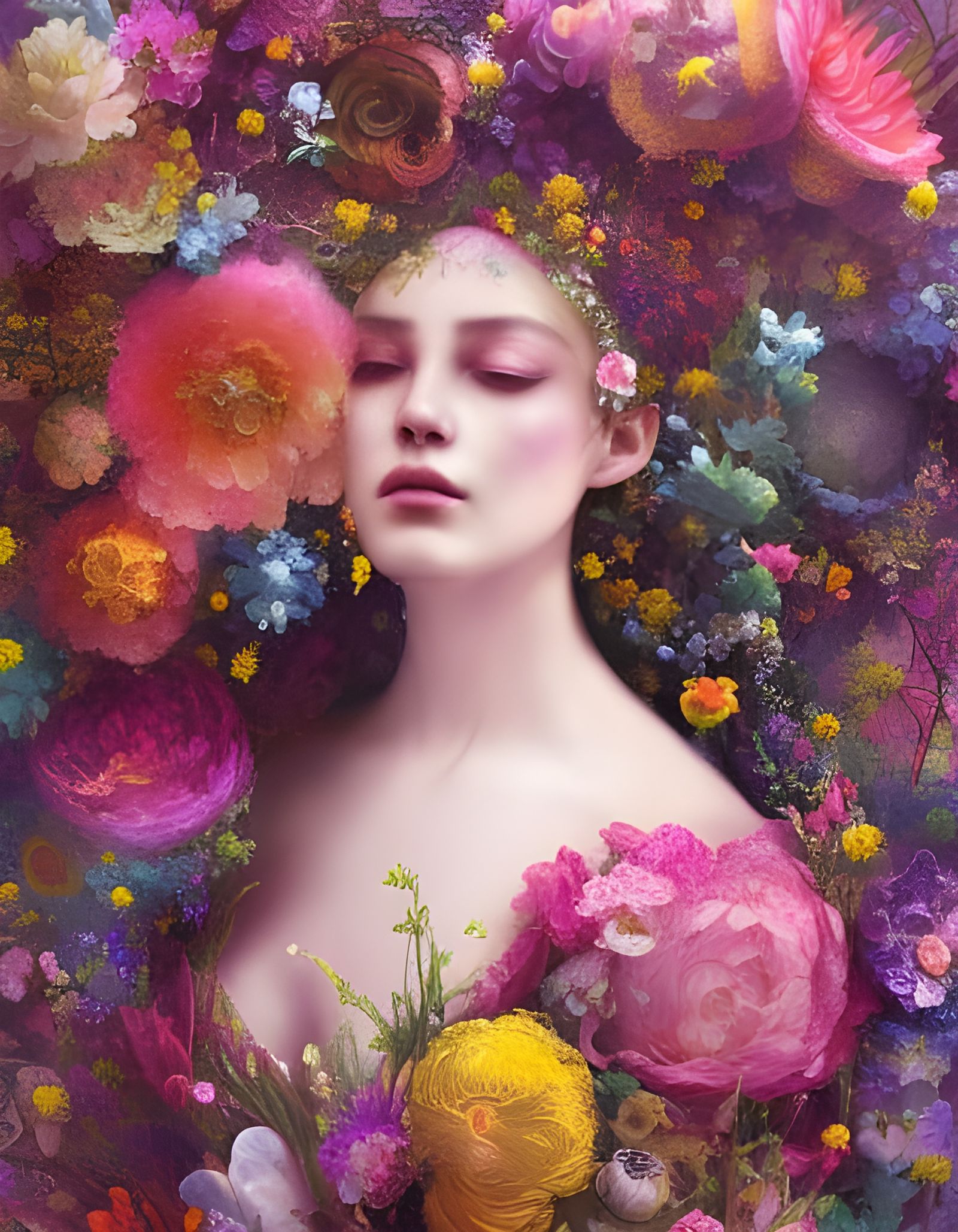Insanely detailed portrait photography of a majestic beautiful woman in a flower ball gown covered in vibrant flowers wi...