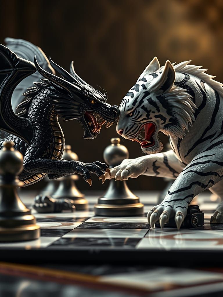 Dragon and Tiger Chess Pieces in Dramatic Cinematic Lighting