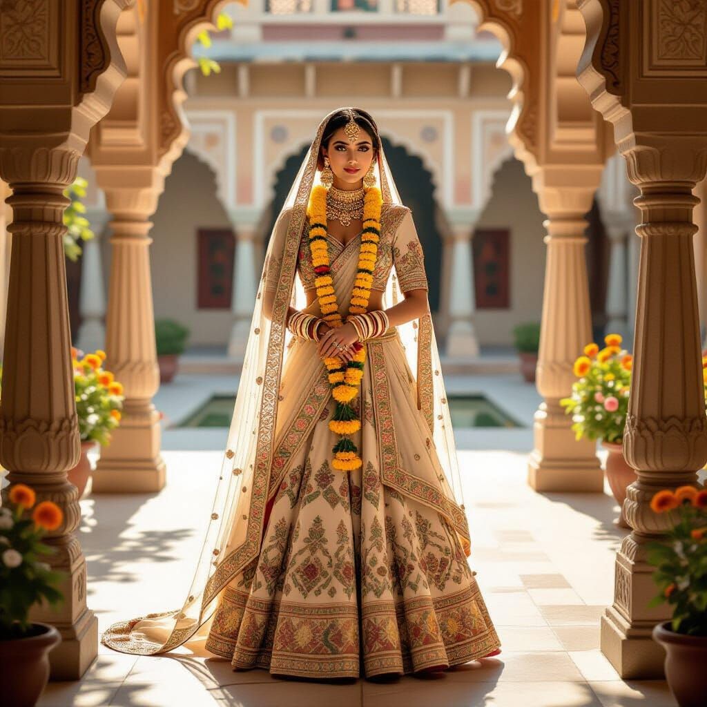Woman in Ornate Lehenga Choli in Royal Haveli Courtyard