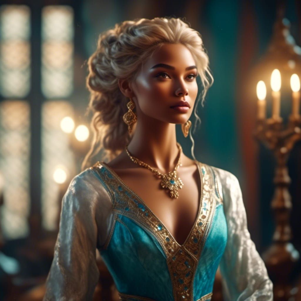 Hyperrealistic Biracial Woman in Medieval Bedroom